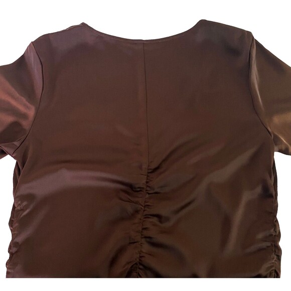 HM Satin Cinched Blouse Women's Medium Brown Trumpet Sleeves V-Neck Pullover - Picture 5 of 11